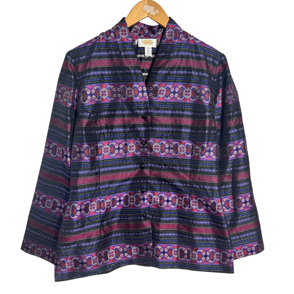 Talbots Silk Metallic Paisley Stripe Mandarin Collar Jacket Blue Purple Women 12